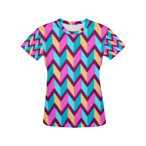 Blue Pink Gold Geometric Pattern All Over Print T-Shirt for Women (USA Size) (Model T40)