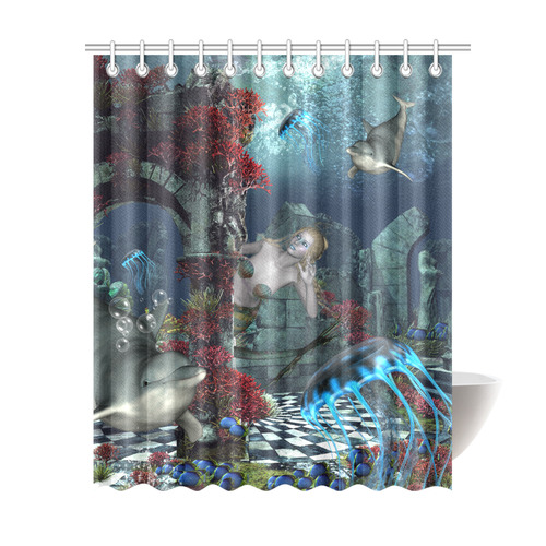 Beautiful mermaid swimming with dolphin Shower Curtain 69"x84"