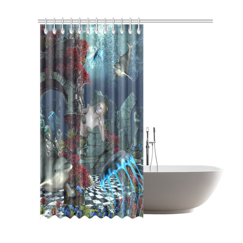 Beautiful mermaid swimming with dolphin Shower Curtain 69"x84"