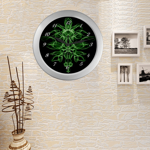 Green Flame Floral Silver Color Wall Clock