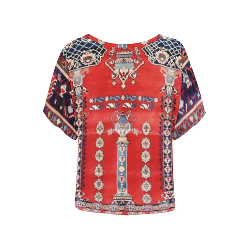 Red Blue Vintage Antique Persian Rug Women's Batwing-Sleeved Blouse T shirt (Model T44)