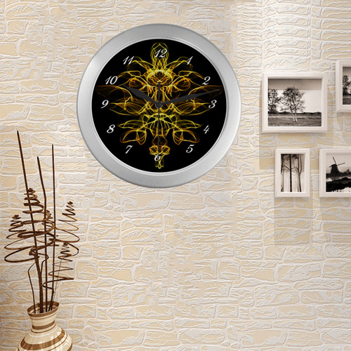 Yellow Flame Floral Silver Color Wall Clock