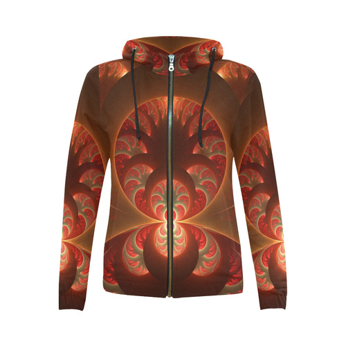 Magical Luminous Red Orange Fractal Art All Over Print Full Zip Hoodie for Women (Model H14)