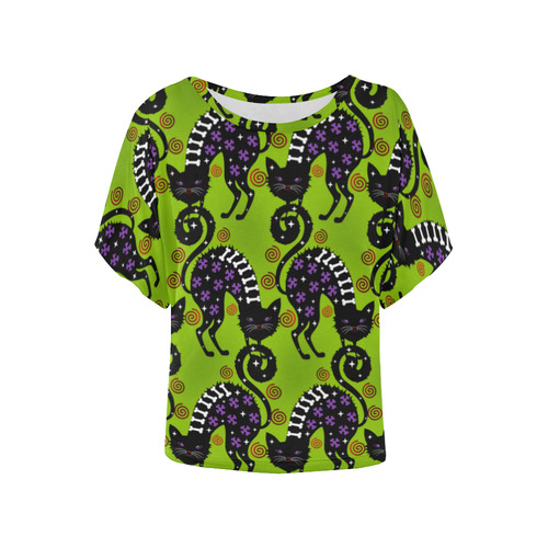 Pussy Halloween in green Women's Batwing-Sleeved Blouse T shirt (Model T44)