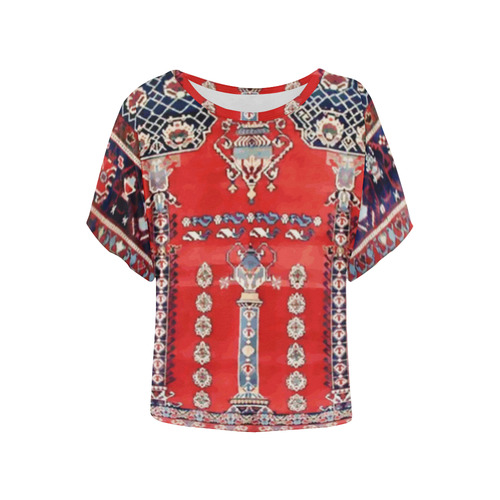 Red Blue Vintage Antique Persian Rug Women's Batwing-Sleeved Blouse T shirt (Model T44)