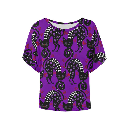 Pussy Halloween in purple Women's Batwing-Sleeved Blouse T shirt (Model T44)