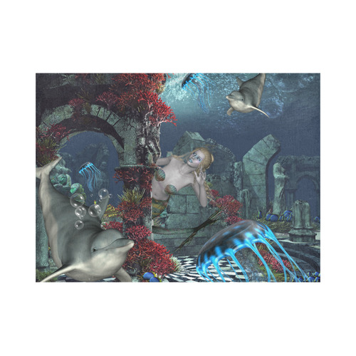 Beautiful mermaid swimming with dolphin Placemat 14’’ x 19’’ (Four Pieces)