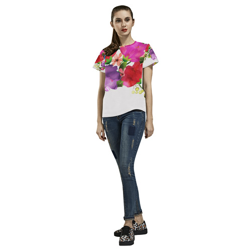 Red Purple Blue Pink Watercolor Floral All Over Print T-Shirt for Women (USA Size) (Model T40)