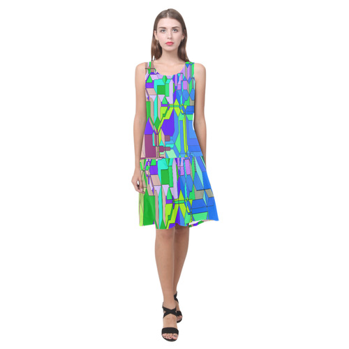 Retro Color Pop Geometric Fun 2 Sleeveless Splicing Shift Dress(Model D17)