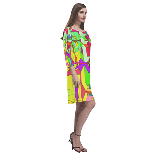 Retro Color Pop Geometric Fun 1 Rhea Loose Round Neck Dress(Model D22)