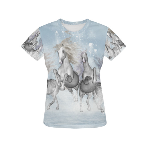 Awesome white wild horses All Over Print T-Shirt for Women (USA Size) (Model T40)