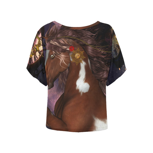 Awesome steampunk horse with clocks gears Women's Batwing-Sleeved Blouse T shirt (Model T44)