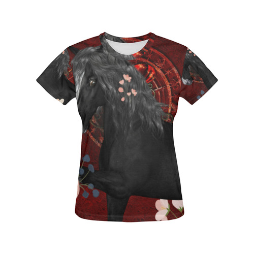 Black horse with flowers All Over Print T-Shirt for Women (USA Size) (Model T40)