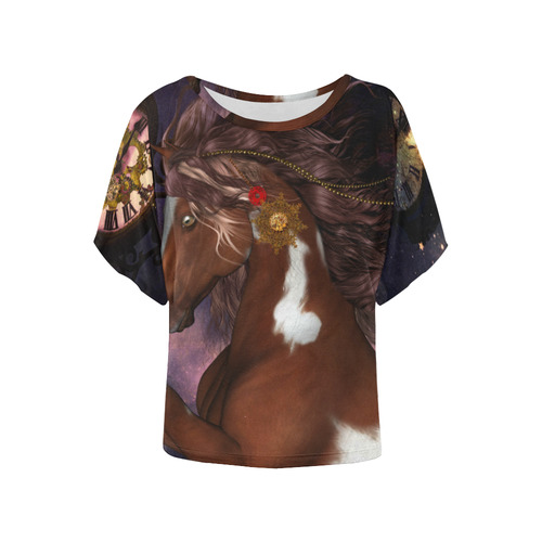 Awesome steampunk horse with clocks gears Women's Batwing-Sleeved Blouse T shirt (Model T44)