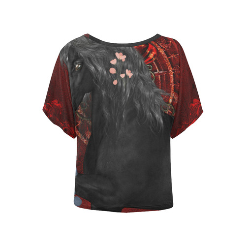 Black horse with flowers Women's Batwing-Sleeved Blouse T shirt (Model T44)