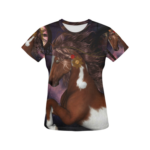 Awesome steampunk horse with clocks gears All Over Print T-Shirt for Women (USA Size) (Model T40)