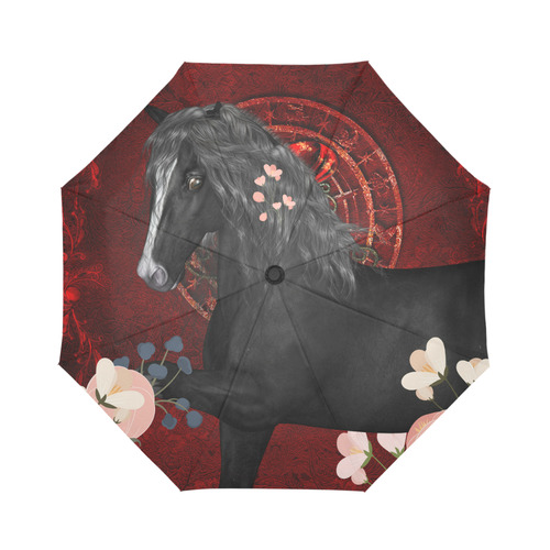 Black horse with flowers Auto-Foldable Umbrella (Model U04)