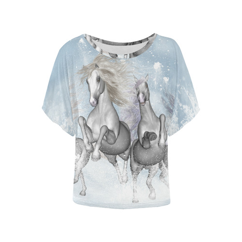 Awesome white wild horses Women's Batwing-Sleeved Blouse T shirt (Model T44)