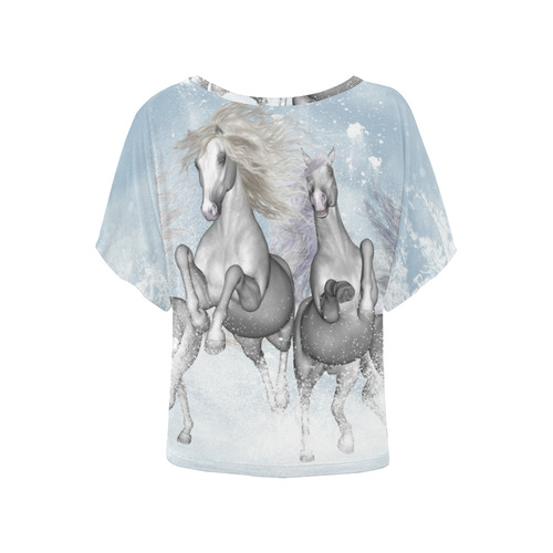 Awesome white wild horses Women's Batwing-Sleeved Blouse T shirt (Model T44)