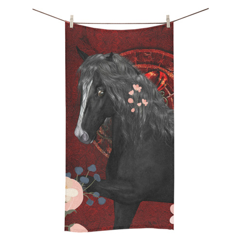 Black horse with flowers Bath Towel 30"x56"