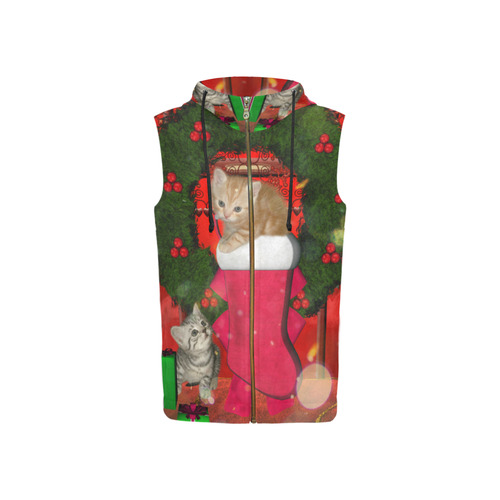 Christmas, funny kitten with gifts All Over Print Sleeveless Zip Up Hoodie for Women (Model H16)