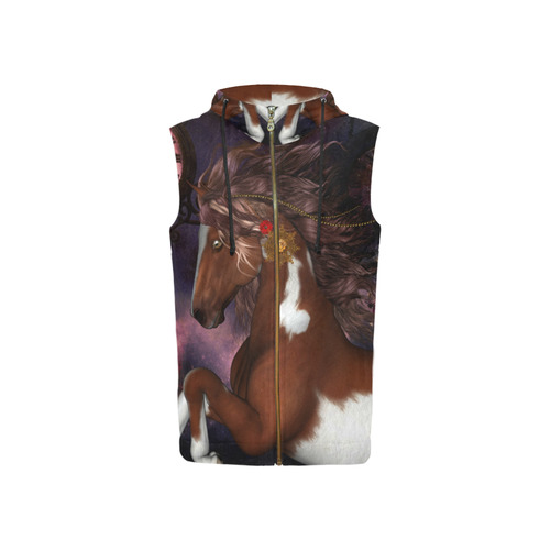 Awesome steampunk horse with clocks gears All Over Print Sleeveless Zip Up Hoodie for Women (Model H16)