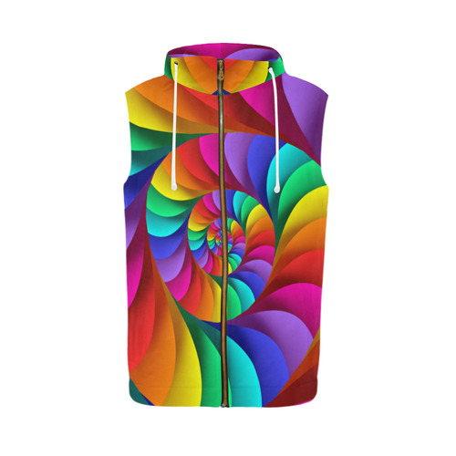 Psychedelic Rainbow Spiral All Over Print Sleeveless Zip Up Hoodie for Men (Model H16)