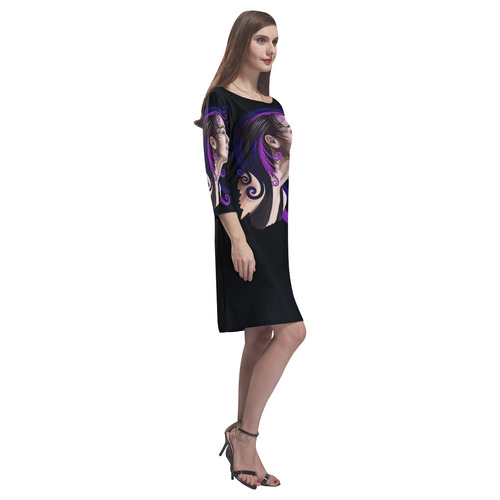 Daydreaming pretty young woman watercolor, purple Rhea Loose Round Neck Dress(Model D22)