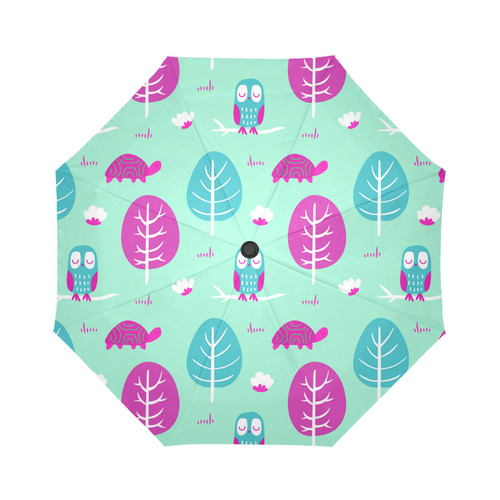 Pink Aqua Cute Owl Turtle Tree Auto-Foldable Umbrella (Model U04)