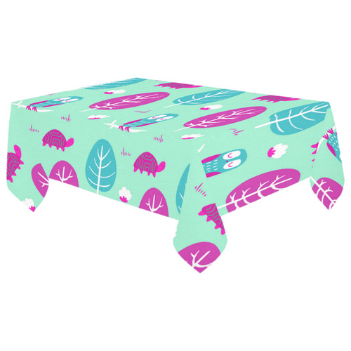 Pink Aqua Cute Owl Turtle Tree Cotton Linen Tablecloth 60"x 104"