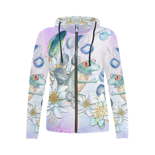 The frog with  waterlily All Over Print Full Zip Hoodie for Women (Model H14)