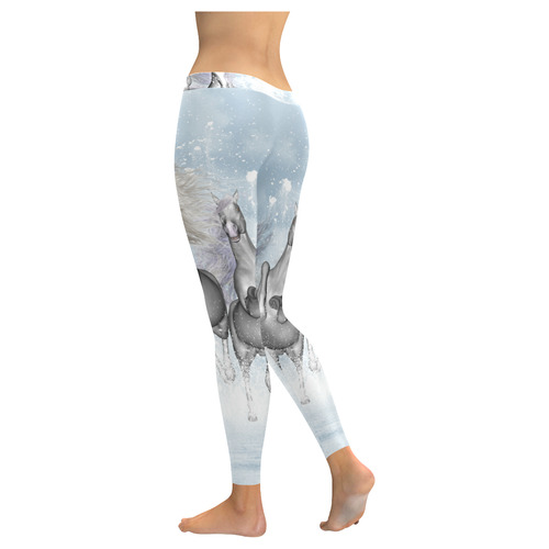 Awesome white wild horses Women's Low Rise Leggings (Invisible Stitch) (Model L05)