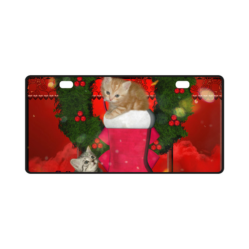 Christmas, funny kitten with gifts License Plate