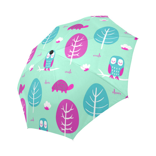 Pink Aqua Cute Owl Turtle Tree Auto-Foldable Umbrella (Model U04)
