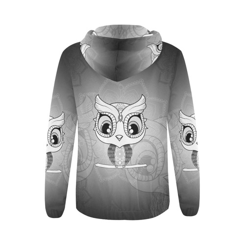 Cute owl, mandala design black and white All Over Print Full Zip Hoodie for Women (Model H14)