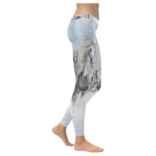 Awesome white wild horses Women's Low Rise Leggings (Invisible Stitch) (Model L05)