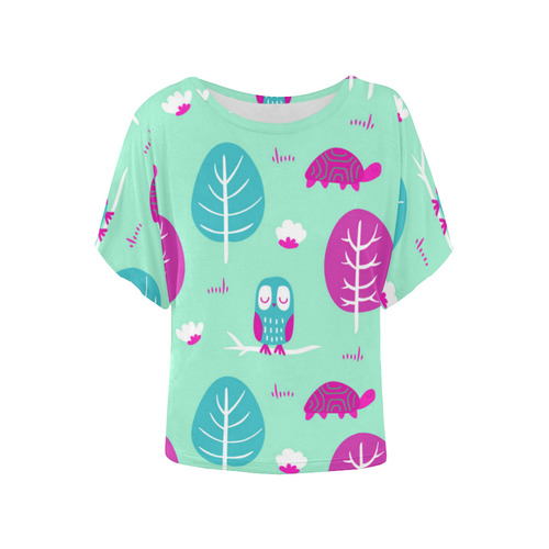 Pink Aqua Cute Owl Turtle Tree Women's Batwing-Sleeved Blouse T shirt (Model T44)