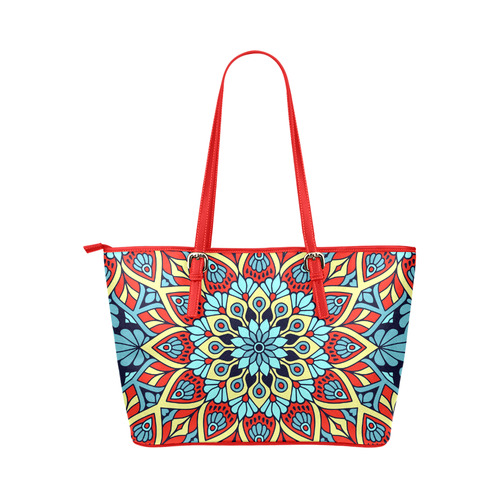 Red Yellow Blue Floral Mandala Leather Tote Bag/Large (Model 1651)