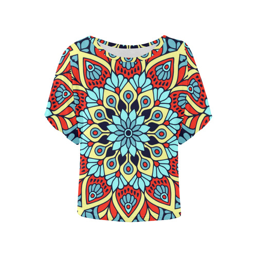 Red Yellow Blue Floral Mandala Women's Batwing-Sleeved Blouse T shirt (Model T44)