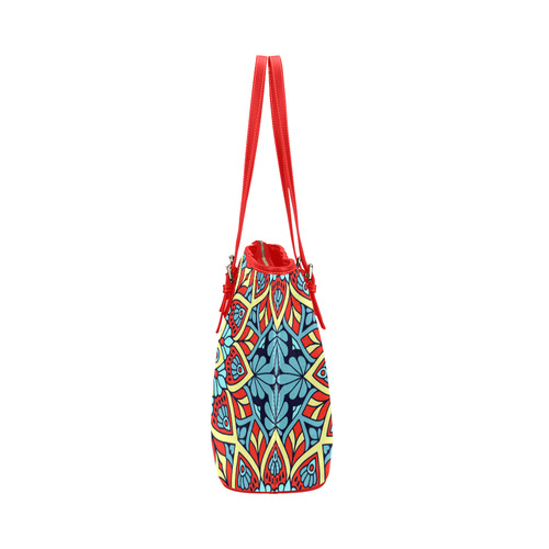 Red Yellow Blue Floral Mandala Leather Tote Bag/Large (Model 1651)