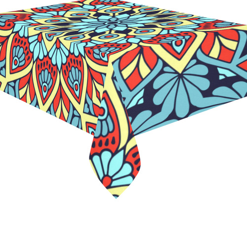 Red Yellow Blue Floral Mandala Cotton Linen Tablecloth 60"x 84"