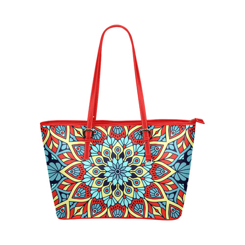 Red Yellow Blue Floral Mandala Leather Tote Bag/Large (Model 1651)