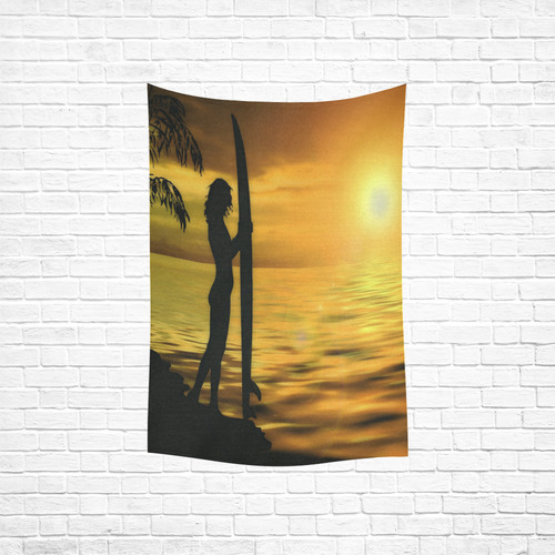 Sunset Surf Girl Gold Cotton Linen Wall Tapestry 40"x 60"