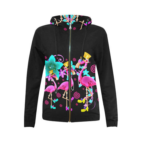 Fashionista pink flamingo gals 2 All Over Print Full Zip Hoodie for Women (Model H14)