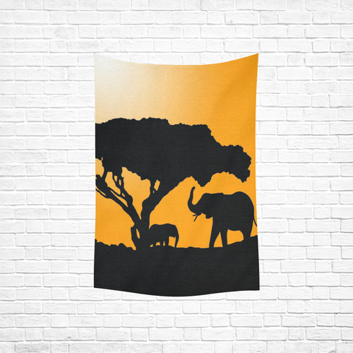 African Elephants Sunset Silhouette Cotton Linen Wall Tapestry 40"x 60"