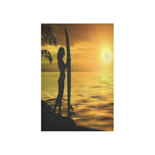 Sunset Surf Girl Gold Cotton Linen Wall Tapestry 40"x 60"