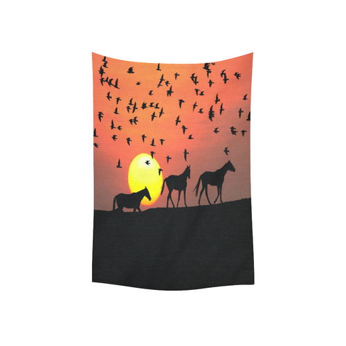 Sunset Silhouette Horses Cotton Linen Wall Tapestry 40"x 60"