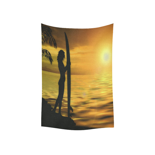Sunset Surf Girl Gold Cotton Linen Wall Tapestry 40"x 60"