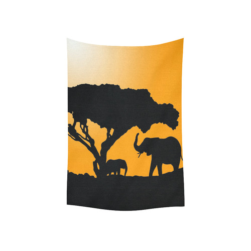 African Elephants Sunset Silhouette Cotton Linen Wall Tapestry 40"x 60"