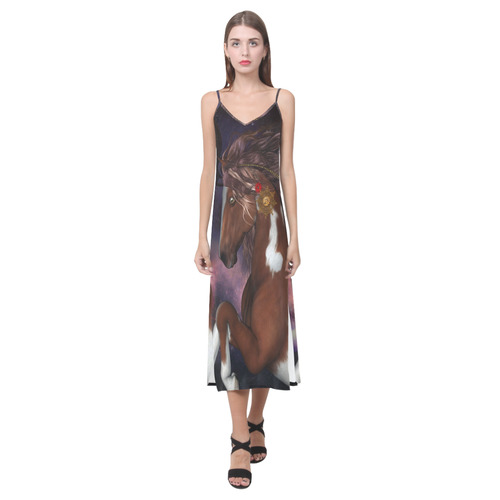 Awesome steampunk horse with clocks gears V-Neck Open Fork Long Dress(Model D18)